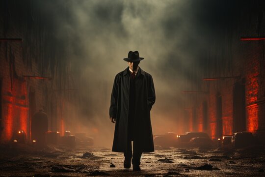 A silhouetted figure in a fedora and trench coat, standing in the shadows, depicting secrecy and intrigue in the world of narcos. Generative AI