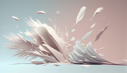 White feathers falling on a solid background of pastel shades, white feathers background, Ai generated image