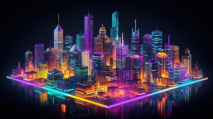 Isometric illustration of a capital city building with full neon colors, generated by AI