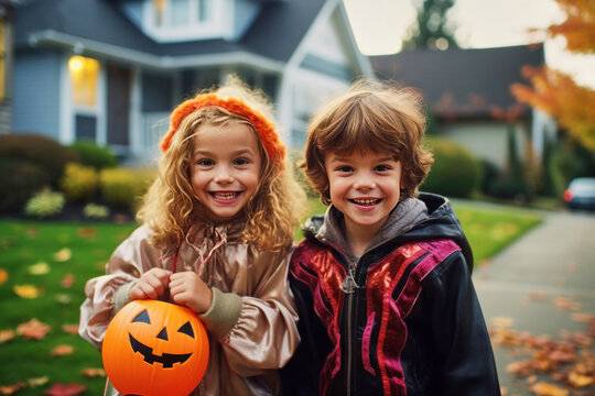 Happy cute laughing joyful dressed up children at Halloween celebration