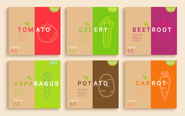 Set of vegetables cards.Celery,carrot,tomato,beetroot,asparagus,potato flyers for healthy food in minimal flat style.Template for design for local markets and eco farms,price tag,label,poster.Vector
