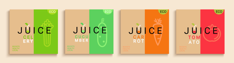 Set of juice cards.Celery,cucumber,carrot,tomato juices flyers for healthy drinks in minimal flat style.Fruits,vegetables drinks.Template for design for local markets and eco farms.Vector illustration