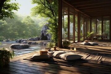Concept of relaxation in yoga retreats amidst nature, Generative AI