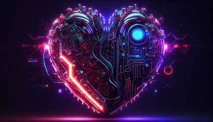 Estores personalizados com sua foto Cyberpunk high-tech neon glowing heart, cyber valentines day concept, neural network generated art. Digitally generated image. Not based on any actual scene or pattern, Ai generated image
