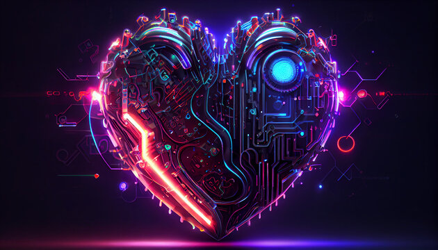 Naklejka Cyberpunk high-tech neon glowing heart, cyber valentines day concept, neural network generated art. Digitally generated image. Not based on any actual scene or pattern, Ai generated image