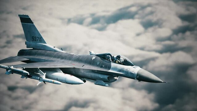 Military fighter jet F-16 flying over clouds. Air force