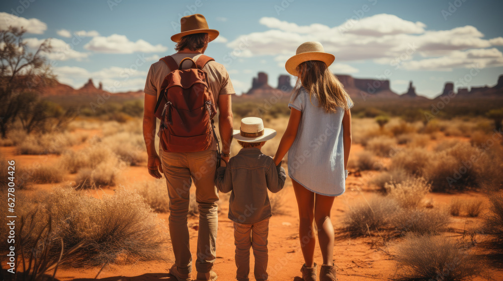 Wall mural Back view of happy family hiking in Monument Valley on a sunny day, Utah, USA.