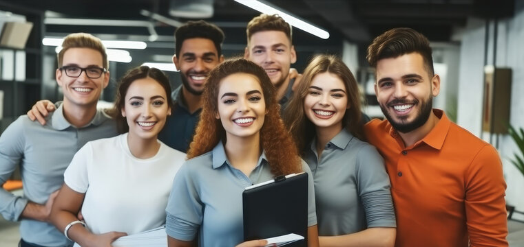 Portrait of successful business team standing in office, Teamwork concept.