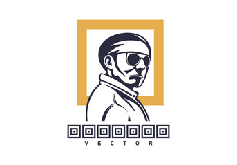 Vector portrait of a graphic monochrome looking back man in glasses with a square. Logo or emblem. White isolated background.