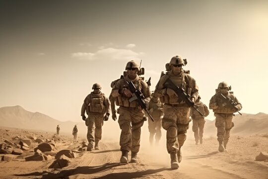 Soldiers walking In The Desert Sand, Military operation.