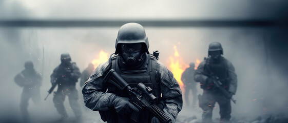Military swat with gas masks cover each other, In full combat readiness to break through the smoke from chemical weapons. - obrazy, fototapety, plakaty