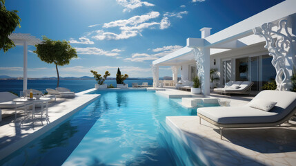 Fototapeta premium Sea view luxury modern white beach hotel with swimming pool. Generative AI