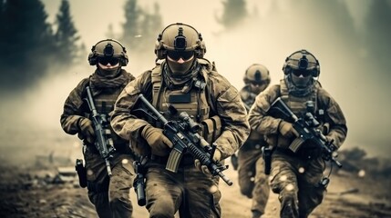 Group of soldiers in action on war battle in jungle.