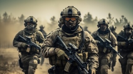 Fototapeta premium A group of special forces soldiers, Team of United states airborne infantry men with weapons moving patrolling desert.