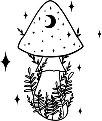 Magical mushroom with moon and plants. Black line vector art.