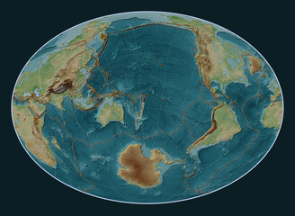 Kermadec tectonic plate. Fahey Oblique. Volcanoes and boundaries