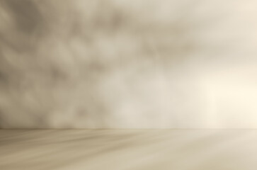 Minimalistic abstract gentle light beige background for product presentation with shadow from the tropical palm tree on wall.
