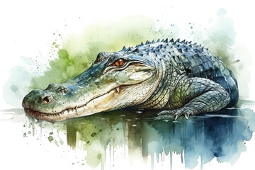 Watercolor alligator illustration on white background. - obrazy, fototapety, plakaty