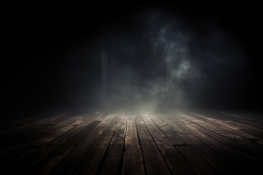 Defocused background of fog in darkness, smoke, and mist on a wooden floor. Abstract and moody Halloween backdrop. Generative AI
