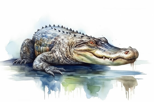 Watercolor alligator illustration on white background.