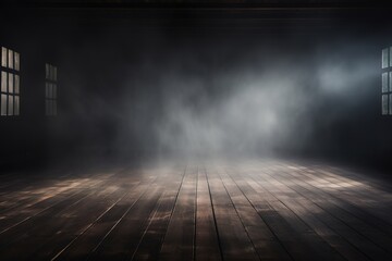 Defocused background of fog in darkness, smoke, and mist on a wooden floor. Abstract and moody Halloween backdrop. Generative AI