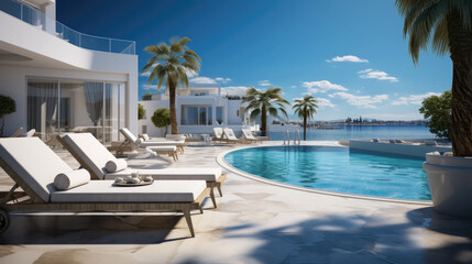 Fototapeta premium Sea view luxury modern white beach hotel with swimming pool. Generative AI
