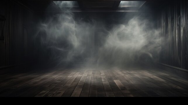 Defocused background of fog in darkness, smoke, and mist on a wooden floor. Abstract and moody Halloween backdrop. Generative AI