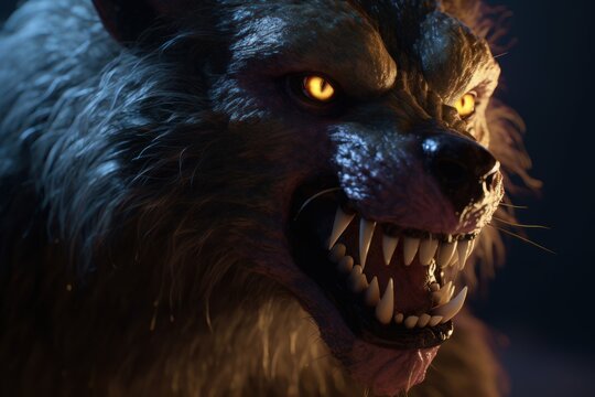 War-ready imposing werewolf portrait with fangs and cinematic lightning concept generative ai