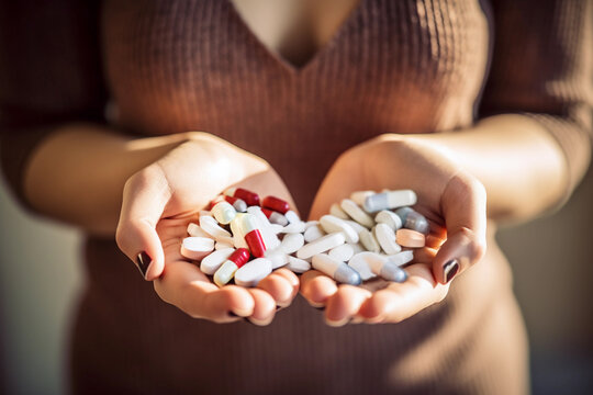 Numerous Pills in Woman's Hand. The Concept of Medicine and Mental Issues. Generative Ai.