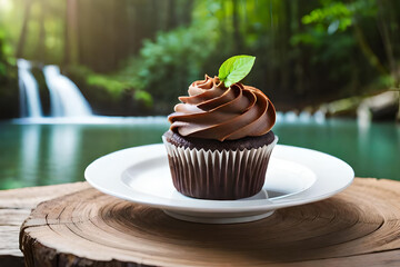 chocolate cupcake in a plate at wooden table, in the jungle waterfall