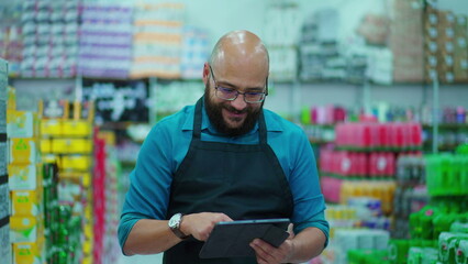 Happy employee of supermarket walking in grocery store aisle holding tablet device checking inventory browsing products