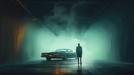 Man stands under a tunnel with his car and a train. .Ai Generative