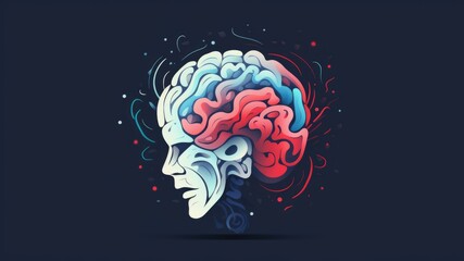 Illustration of a human head and brain on a navy blue background with copy space for text