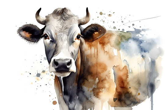 Watercolor cow portrait on white background