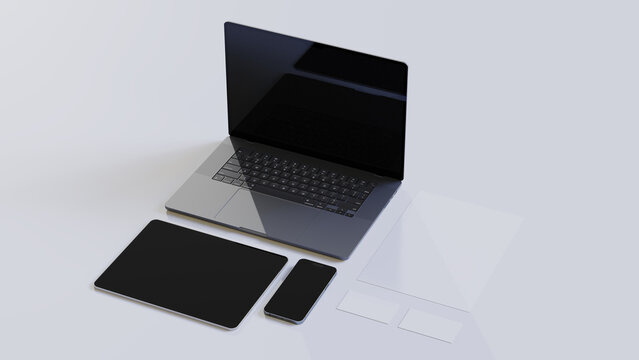Branding stationery set mockup with MacBook, iPad and iPhone 