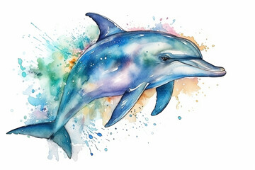 Watercolor dolphin illustration on white background