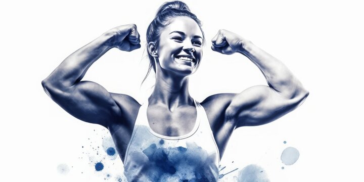 Blue Aquarelle Silhouette of Smiling Young Sportswoman Giving Thumbs Up in a Muscle Studio, Captured with the Style of Digital Airbrushing, Boxing, Weight Lifting, and Body Building