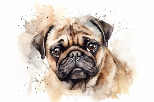 Watercolor dog portrait illustration on white background