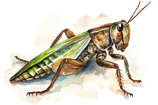 Watercolor grasshopper illustration on white background