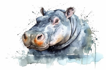 Watercolor hippo portrait illustration on white background