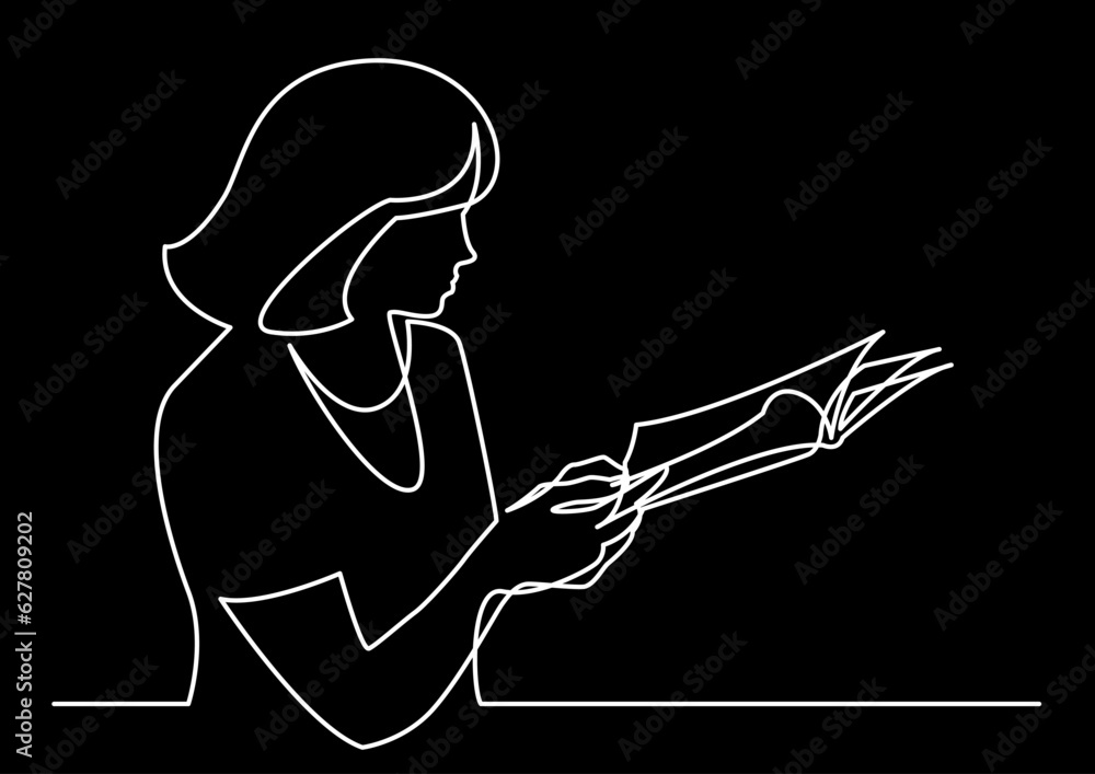 Poster continuous line drawing vector illustration with fully editable stroke of reader person reading book
