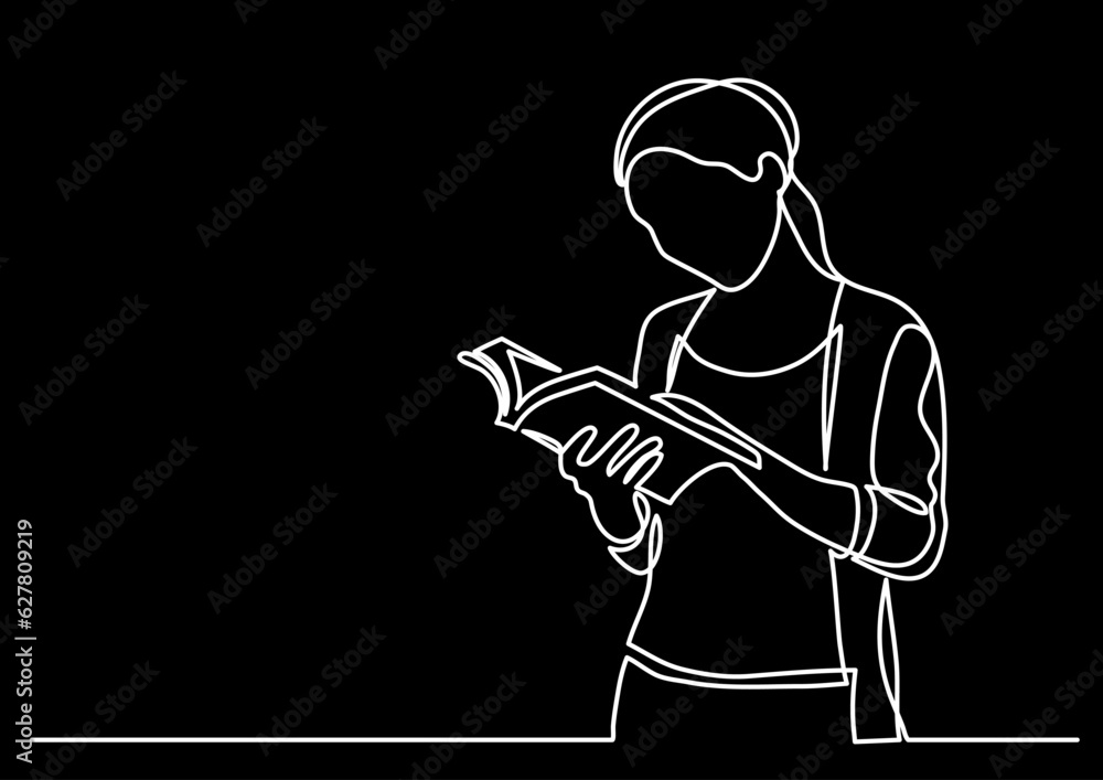 Poster continuous line drawing vector illustration with fully editable stroke of reader person reading book