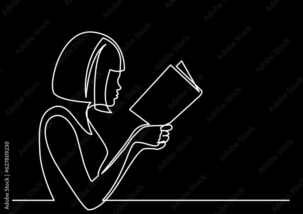 Poster continuous line drawing vector illustration with fully editable stroke of reader person reading book