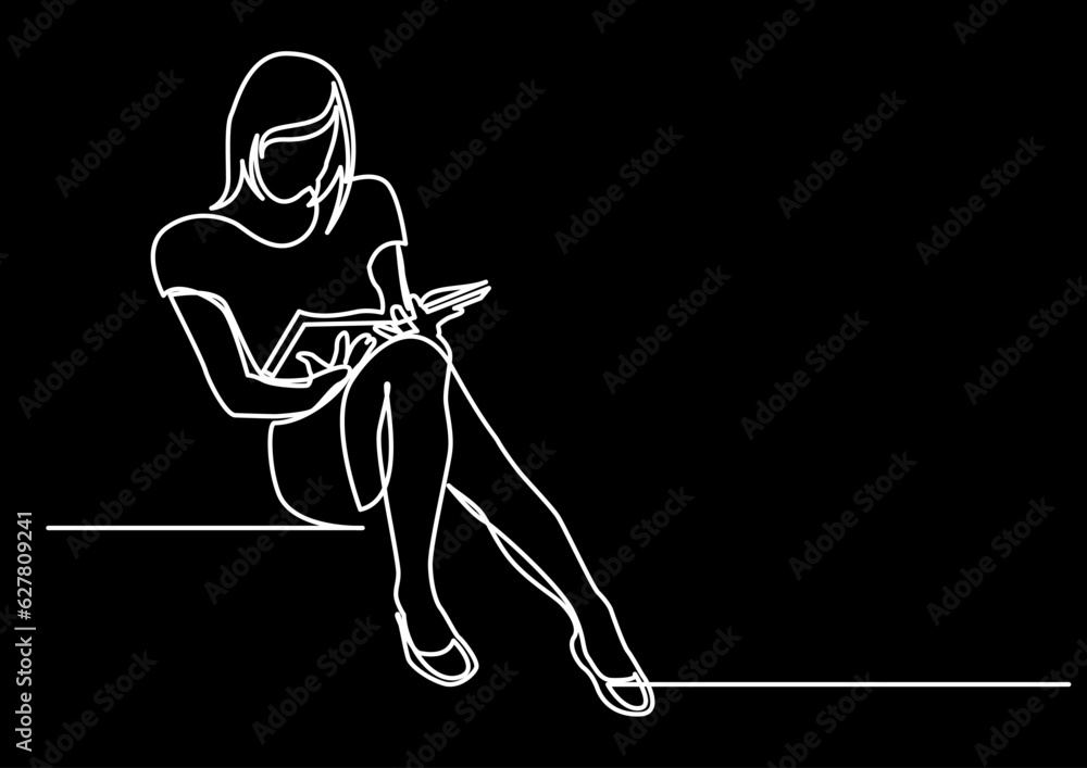 Poster continuous line drawing vector illustration with fully editable stroke of reader person reading book