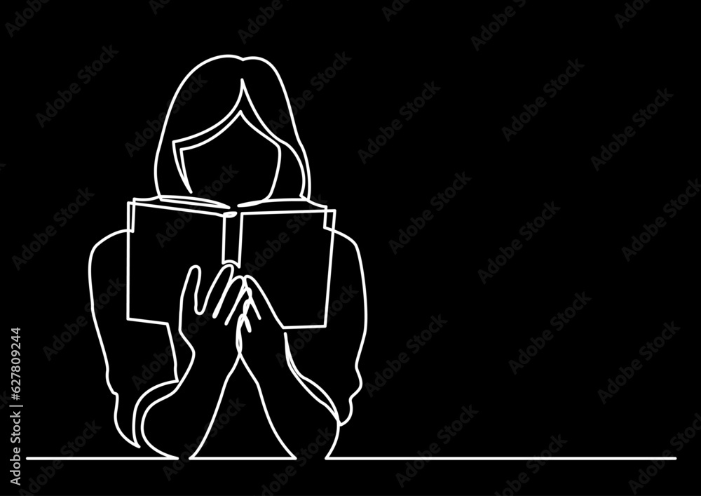 Poster continuous line drawing vector illustration with fully editable stroke of reader person reading book