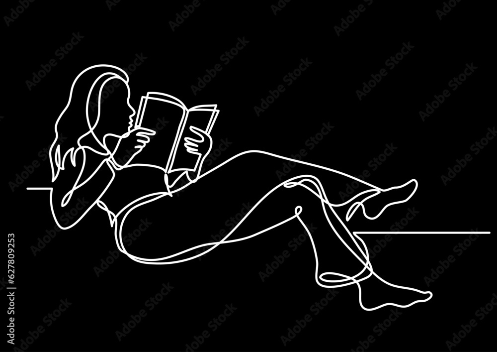 Poster continuous line drawing vector illustration with fully editable stroke of reader person reading book