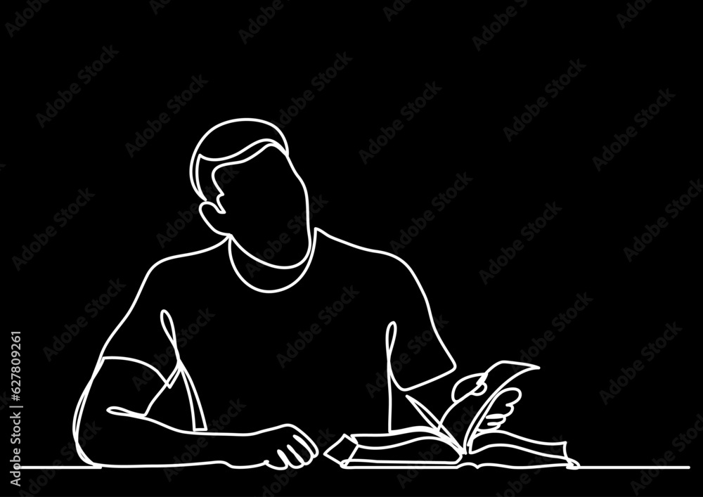 Poster continuous line drawing vector illustration with fully editable stroke of reader person reading book