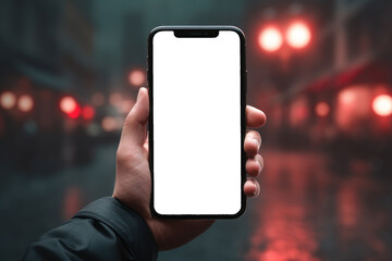 Mockup, a man's hand holds a smartphone on the background of the evening city. AI generative.