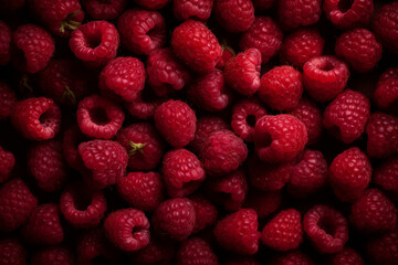 Raspberries close view, Raspberry pattern background. Generative AI