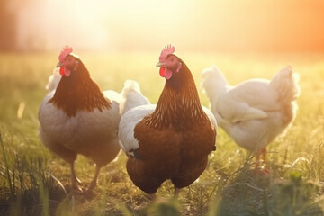 Happy chickens roaming free on farm meadow. Farm animal welfare and care. Generative Ai